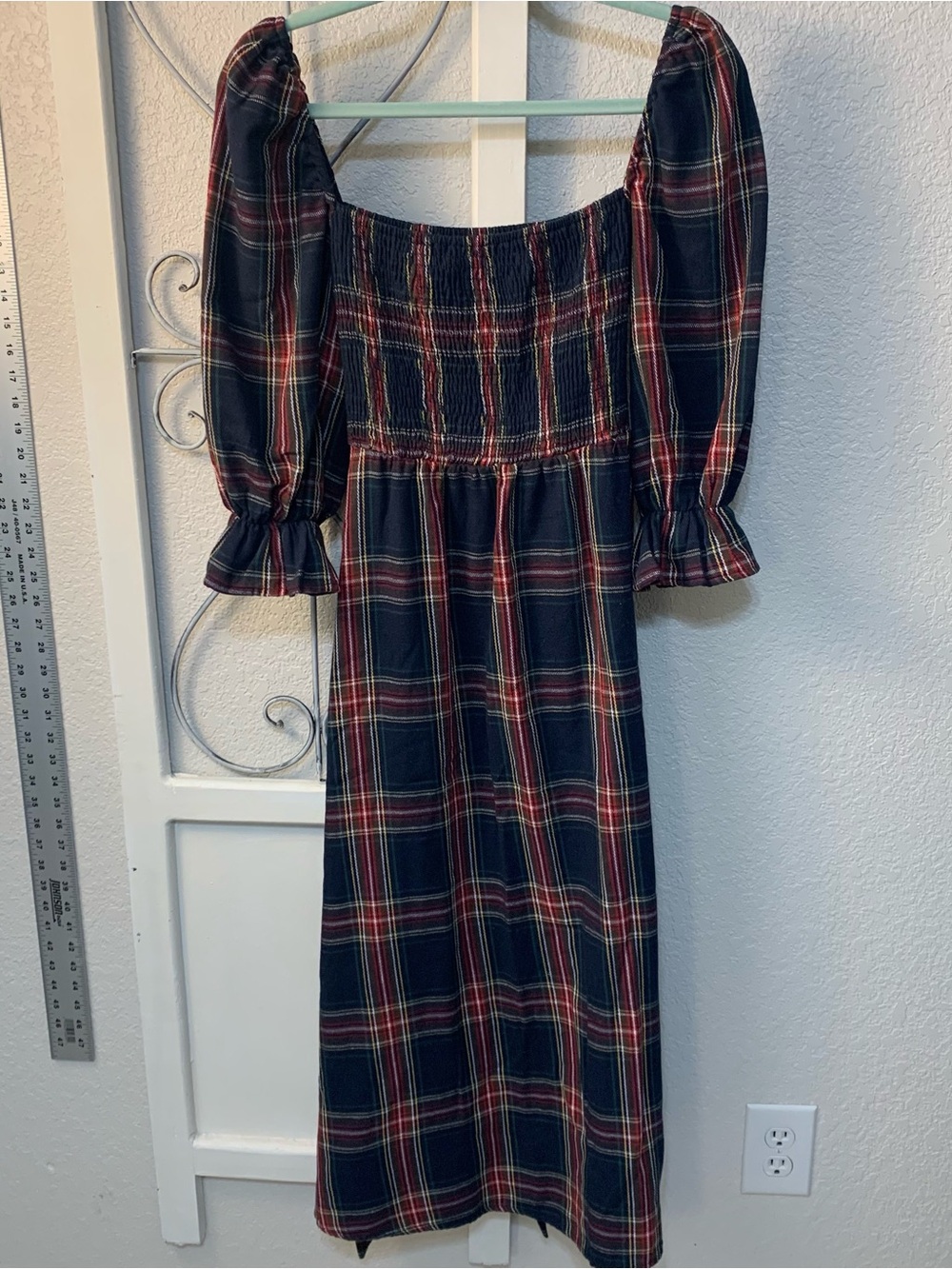 Plaid Puff-Sleeve Midi Dress in Navy and Red